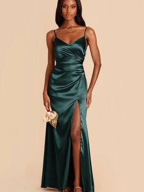 Birdy Grey - Catherine Dress - Deep Emerald Satin Maxi Slip with Thigh Slit